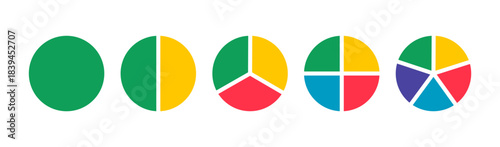 Pies segmented on from 1 to 5 equal parts. Donut charts. Pie, pizza chart round layout icons. Diagrams infographic multicoloured. Circle section graph. Wheels divided in sections. Loading bar mockup.