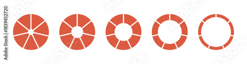 Set of Donuts charts, pies segmented on 7 equal parts. Wheels round divided in seven sections. Diagrams infographic templates. Circles section graph collection. Pie chart red icons. Geometric element.