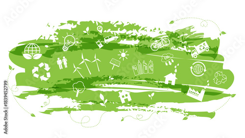 Eco-friendly illustration featuring renewable energy, recycling icons, sustainable city design, electric vehicles, and green technology concepts environmental awareness and clean future living, Vector