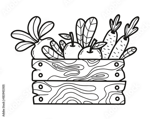 Harvest Crate Doodle. Hand Drawn Rustic Wooden Box With Organic Fruits And Vegetables. Vector Illustration. Not AI
