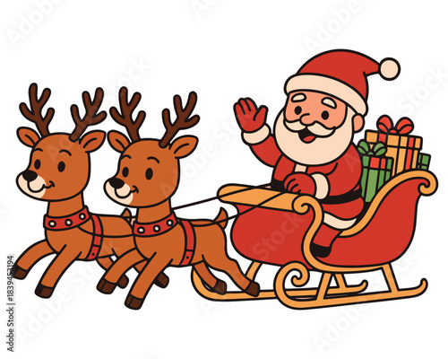 Cartoon Christmas Santa Claus and reindeer vector illustration with Rudolph and a cute holiday sleigh