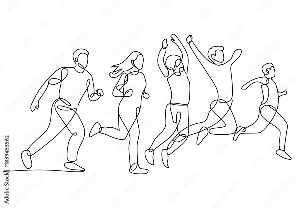 Fototapeta premium Continuous line drawing of a diverse group of people joyfully running and jumping together, symbolizing unity, movement, and shared happiness.