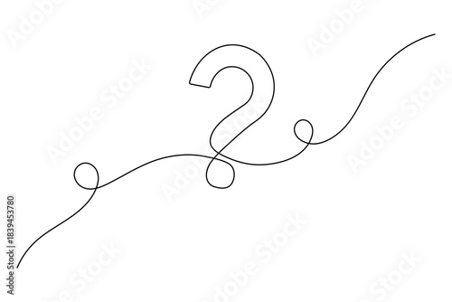 Minimalist continuous line art drawing of a question mark symbol, representing inquiry, doubt, and finding answers.