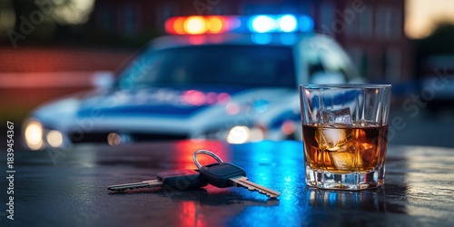 Whiskey glass and car keys on a wet surface with a blurred police car flashing lights in the background; concept for drunk driving and legal consequences