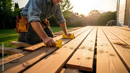 Carpenter installing deck boards outdoors, using a measuring tool in warm sunlight.