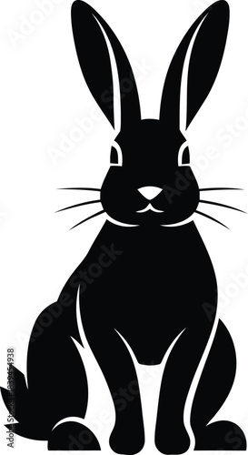 Vector black silhouette of a sitting rabbit or jackrabbit with long ears and a fluffy tail, a simple Easter or farm animal icon design.