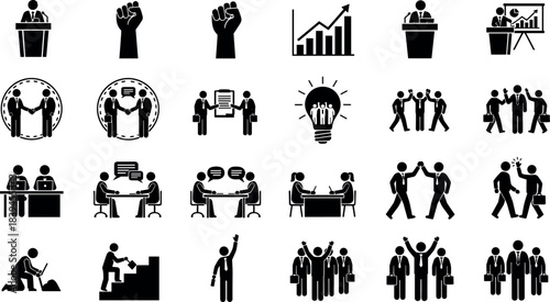 Business teamwork icons set showing leadership, collaboration, innovation, growth, success, communication, and professional activities in silhouette style.
