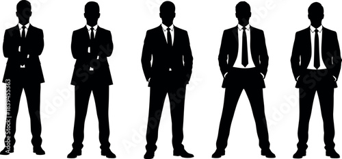Business team silhouettes in formal suits standing in row, professional corporate posture, leadership concept, black vector illustration isolated
