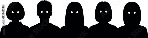 Minimalist black silhouettes of diverse people with white eyes on white background representing anonymity, identity, diversity, and psychological perception.