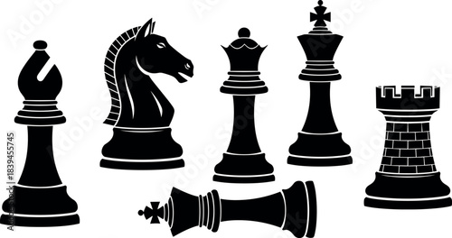Silhouette chess pieces vector with fallen king symbolizing defeat, strategy, checkmate, leadership, power, game, competition, and tactics.