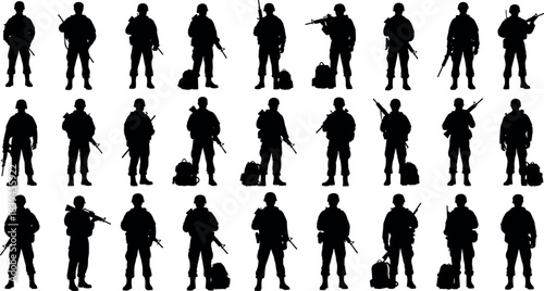 Silhouettes of Armed Soldiers in Tactical Poses with Military Gear, Rifles, Backpacks, Standing and Kneeling in Combat Readiness Formation