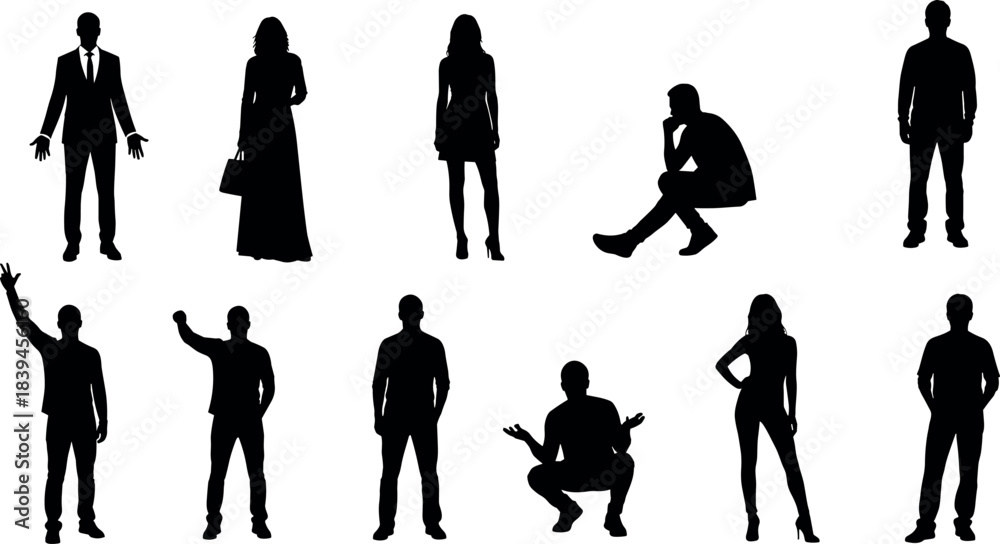 © Reginald Diesel - Silhouettes of diverse people in various poses, standing, sitting, squatting, gesturing, dressed in formal and casual attire styles. © Reginald Diesel - Silhouettes of diverse people in various poses, standing, sitting, squatting, gesturing, dressed in formal and casual attire styles.
