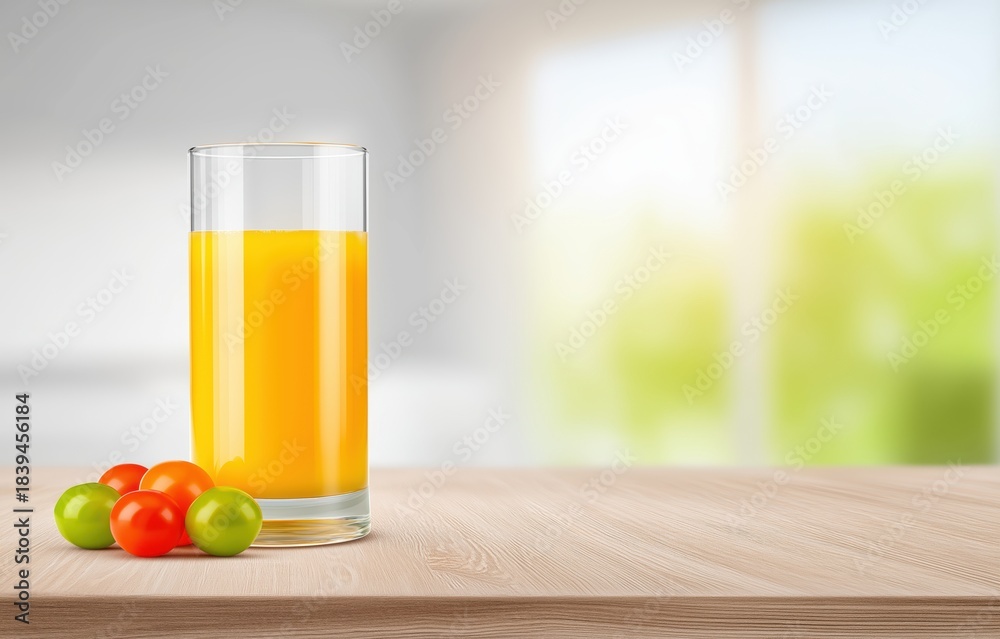 Fototapeta premium Freshly squeezed juice on a wooden table with vibrant fruit in a light-filled kitchen setting