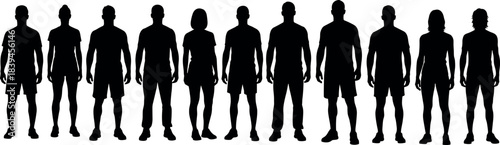 Silhouettes of diverse people standing in a row representing body types, gender, fitness, casual wear, and demographic diversity illustration
