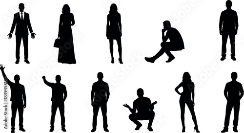 Silhouettes of diverse people in various poses, standing, sitting, squatting, gesturing, dressed in formal and casual attire styles.