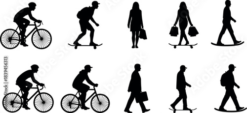 Urban commuters walking, biking, and skateboarding with bags, backpacks, and briefcases in silhouette style for transport and lifestyle concepts.