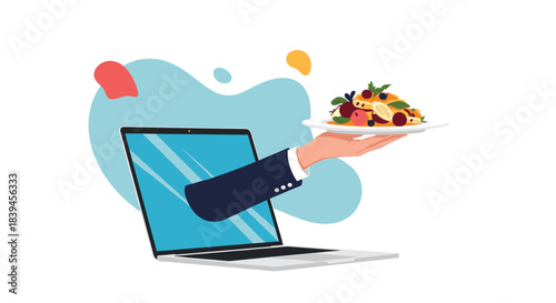 Conceptual illustration of online food ordering and delivery service with a hand serving a fresh fruit salad from a laptop screen.