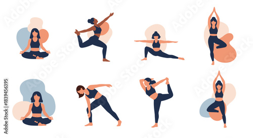 Collection of a woman in different yoga poses, including tree pose and lotus position, for mindfulness and wellness concepts.