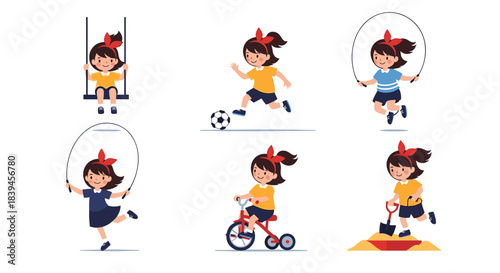 Collection of a cute little girl engaged in various fun outdoor activities like playing soccer, jumping rope, and riding a bike.