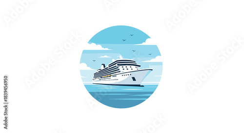 Stylized illustration of a large white cruise ship sailing on the blue ocean with clouds and birds, framed in a circle icon.