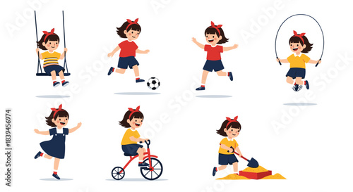 Set of a cute cartoon girl enjoying various childhood activities like playing on a swing, kicking a soccer ball, and jumping rope.