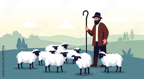 Traditional shepherd with a beard and hat standing with his flock of sheep in a peaceful, green pasture during the daytime.