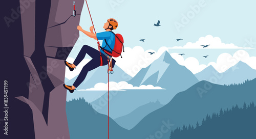 Rock climber with a helmet and harness scaling a steep mountain cliff, with a scenic view of peaks and birds in the background.