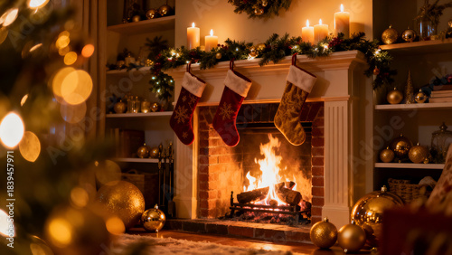 A warm and cozy Christmas living room featuring a glowing fireplace decorated with festive garlands, candles, and hanging stockings. Golden ornaments and soft bokeh lights create a magical holiday atm