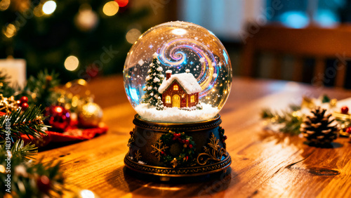 A beautifully detailed Christmas snow globe placed on a wooden table, featuring a glowing miniature house, a snow-covered tree, and swirling magical lights inside the glass dome. Warm festive bokeh li