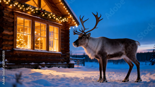 A majestic reindeer standing in snow near a warmly lit wooden cabin decorated with Christmas lights, set against a beautiful winter evening sky.