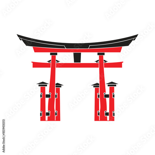 Minimalist Torii Gate and Shrine Structure Vector Illustration in Red and Black Colors