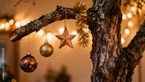 A close-up view of rustic Christmas decorations hanging from an old tree branch. Two glittery baubles, a wooden star ornament, and a gold tinsel garland create a warm festive scene. Soft golden bokeh 