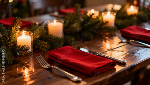 A warmly lit Christmas dinner table decorated with evergreen branches, glowing candles, and neatly folded red napkins. The polished wooden surface reflects the candlelight, creating a cozy festive atm