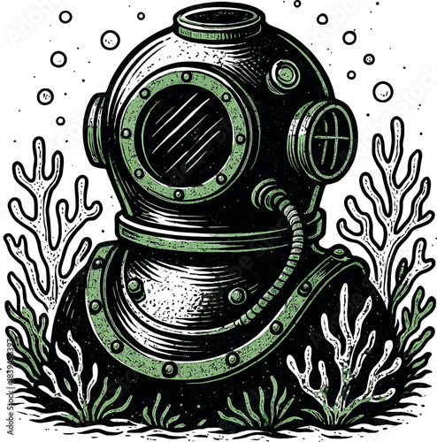 Vintage Diving Helmet Underwater Ocean Vector