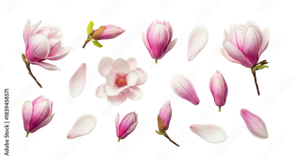 Fototapeta premium Collection of beautiful magnolia flowers and petals arranged artistically on a transparent background, showcasing delicate textures and vibrant colors. Isolated on transparent background.