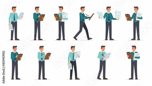 Collection of Businessmen Poses Holding Documents and Clipboards.