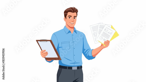 Smiling man holding clipboard and documents, ready for work.