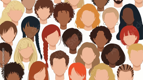 Diverse group of people with various hairstyles and skin tones representing a global community.