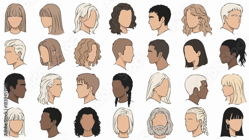 Diverse Collection of Stylized Human Head Silhouettes in Profile View.
