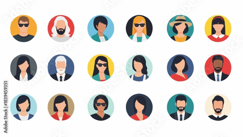 Diverse Collection of Flat Design Avatars Representing Various People and Professions.