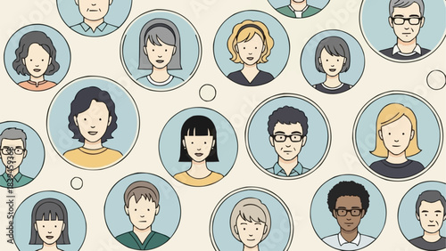 Diverse Group of People in Circular Avatars Representing Social Connections and Community.