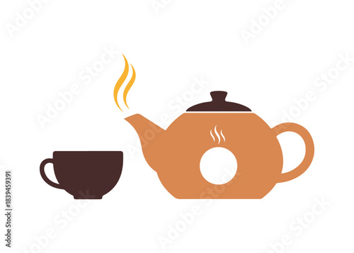 Asian-style teapot and cup icon. Kettle representing brewing tea. Chinese tea ceremony emblem. Illustration of a classic Japanese cafe.

