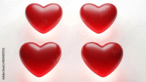 Four Red Hearts on White Background with Subtle Glow photo whisk