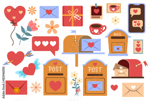 Set of Valentine's Day illustrations. Collection of Valentine's Day clip art featuring a love letter, cup, flowers, heart, gift, and mailbox. Flat style illustrations