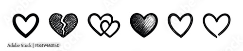 Collection of hand drawn heart icons in various styles including solid, outlined, broken, and intertwined for use in romantic or emotional graphic projects.