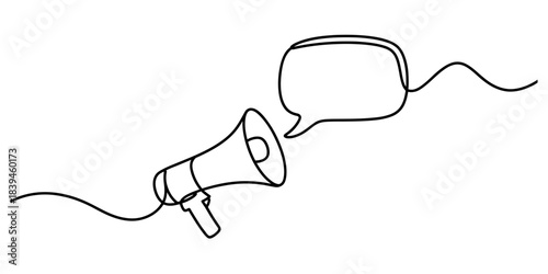 Single line drawing of a megaphone with a speech bubble, symbolizing announcement, communication, promotion, and public address. clean, modern icon for message broadcasting. Vector, illustration