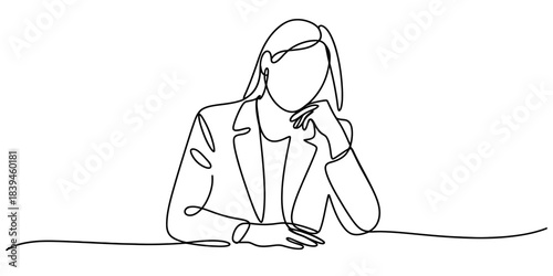 Minimalist continuous line drawing of a thoughtful businesswoman in a suit, resting chin on hand, isolated on a clean white background, conveying contemplation. Vector, illustration