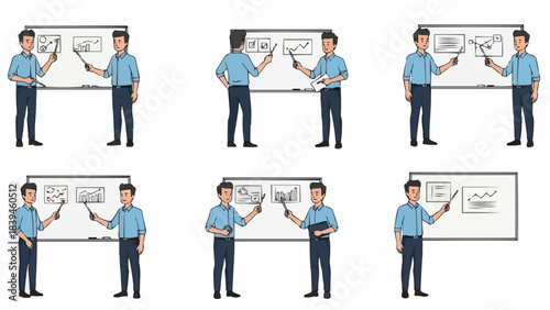 Set of six illustrations of a male teacher explaining concepts on a whiteboard.