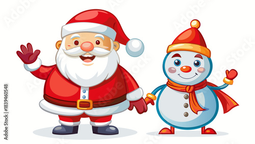 Cute cartoon Santa Claus standing next to a cheerful snowman, both waving hands. Isolated on white background for Christmas, winter, and New Year holiday illustrations
