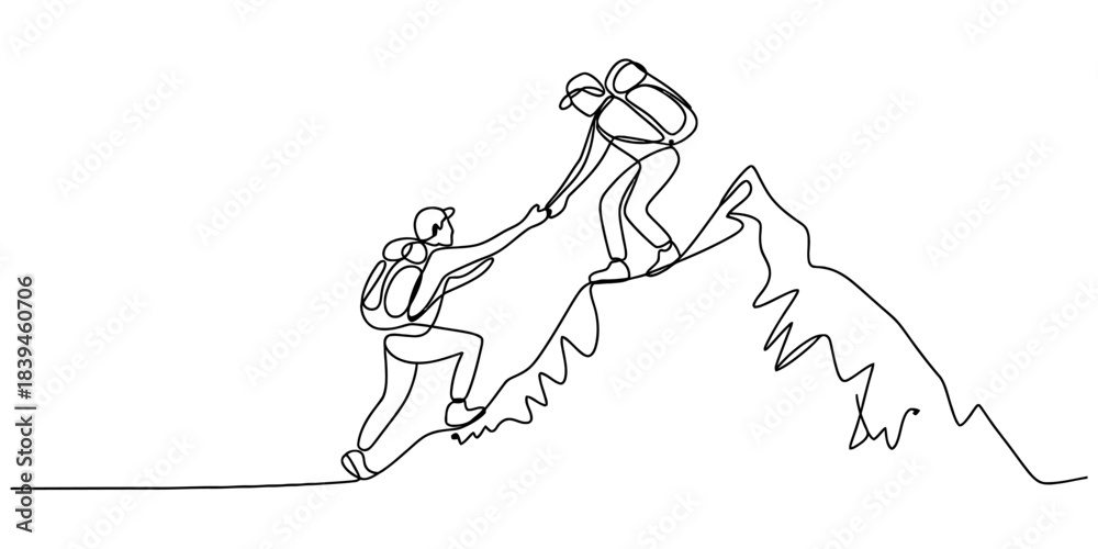Fototapeta premium Continuous line drawing shows two hikers assisting each other on a steep mountain climb, symbolizing teamwork and mutual support in achieving challenging goals. Vector, illustration